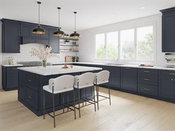 Navy blue kitchen island with seating for three and a white countertop