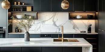 Modern kitchen with black cabinets, a marble-look island and brass fixtures